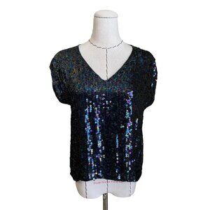 Vintage 80s Silk Sequin Bead Iridescent Rina C. Evening Party Blouse Top Disco